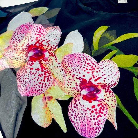 Venus Black Sheath‎ Dress with Large Pink Orchids Sheer Fabric Sleeveless Medium - Picture 3 of 12